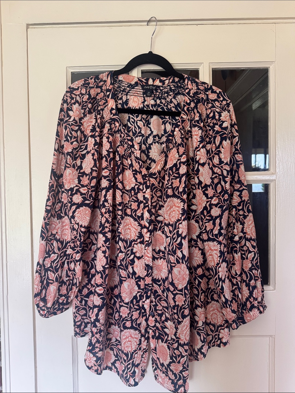 Lucky Brand Womens Top Tunic Size 1X Button Front 3/4 Sleeve Blouse Blue Floral